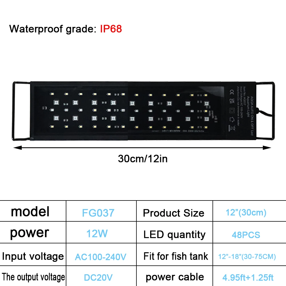 30-60cm Fish Tank 24/7 Full Spectrum Lighting LED Light Aquarium Decoration Aquatic Plant Growth Lamp IP68 Waterproof 100V-240V: Light Grey / EU Plug