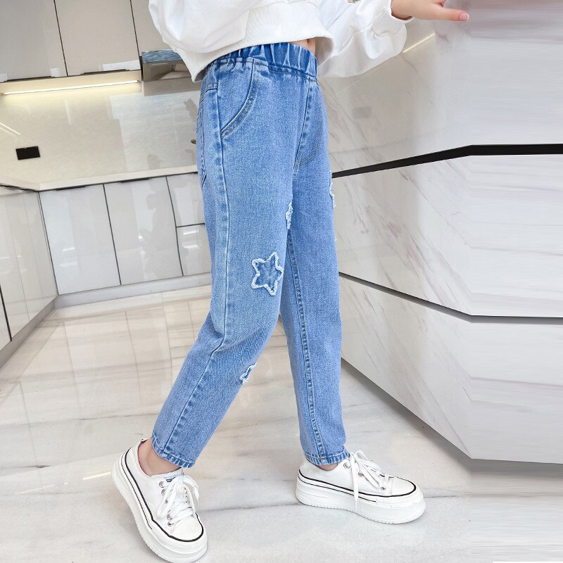 Jean crayon en Denim pour filles, pantalon décontracté à motifs géométriques, taille élastique, extensible, Slim, pour enfants, printemps automne, 2022