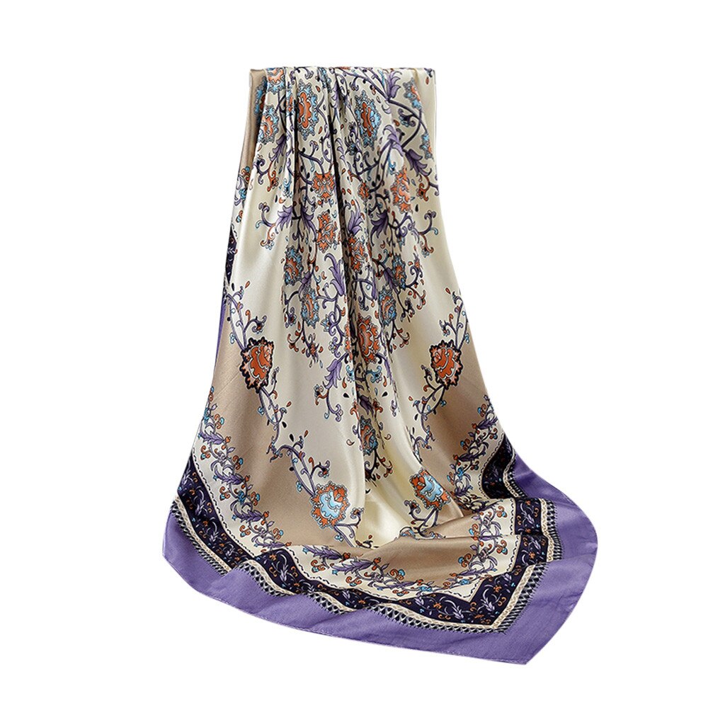 Silk Scarf Women Printing Square Scarf Soft Satin Shawl Female Retro Neck Scarves Kerchief 90X90CM Headscarf: Purple