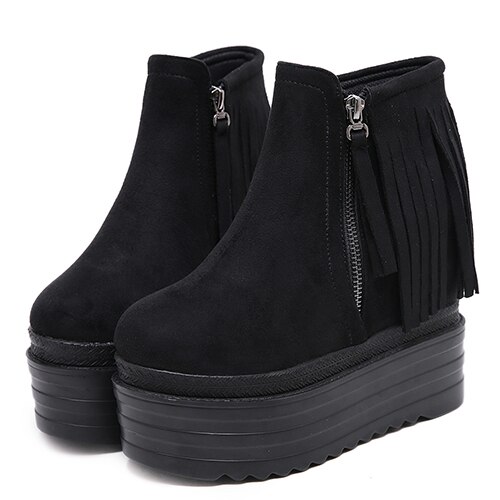 Gdgydh franje kwastje sleehak laarzen dames plateau schoenen voor herfst winter ronde neus enkellaarsjes dames zijrits zwart flock: 4.5