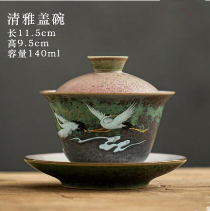 Grand bol à thé rétro en céramique avec couvercle, Anti-brûlure, simple, peint à la main, couvercle de grue brillante: cover bowl A