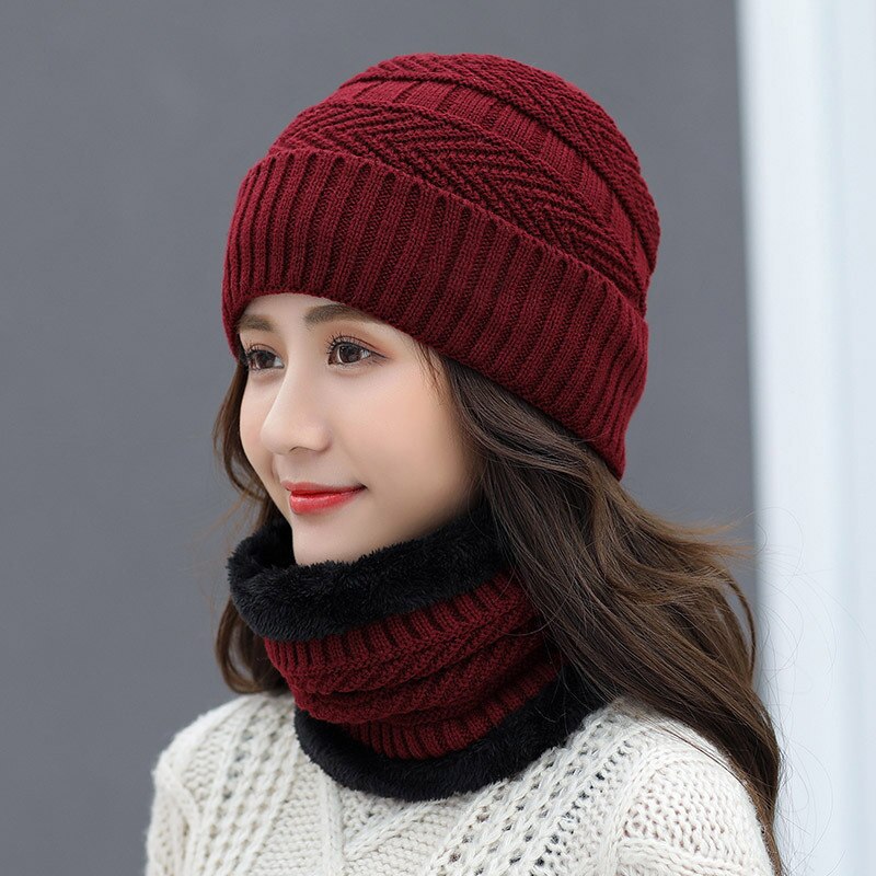 Gorro de invierno tejido, conjunto de bufanda, gorros gruesos de algodón para mujer, cuello, suave gorro de felpa que mantiene el calor para mujer: wine red