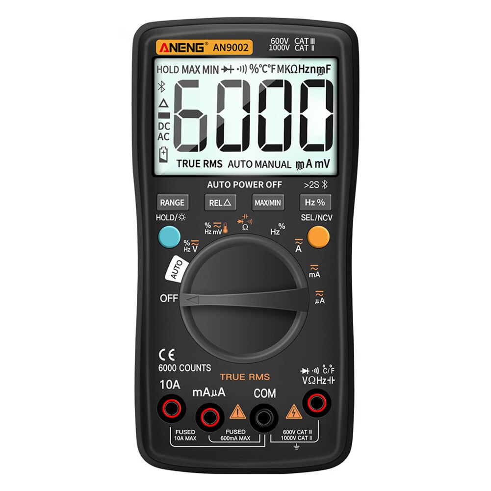 Wireless Bluetooth Digital Multimeter RMS Manual/Auto Strong Toughness Electric Portable Range Voltmeter Ammeter: Black
