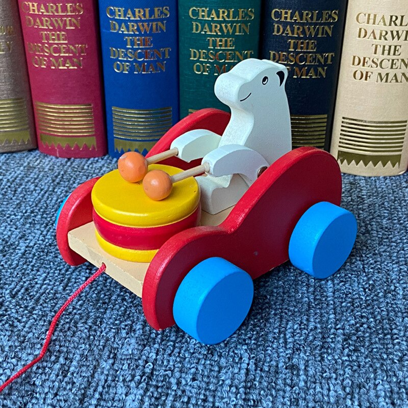 Kinderen Houten Beer Towing Auto Baby Towing Peuter Cartoon Beer Drum Speelgoed Auto Dier Little Bunny Towing Auto