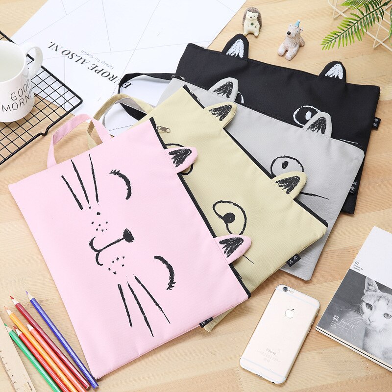 EZONE A4 Canvas File Bag File Folder Cute Cat Document Bag Paper Storage Bag Students Stationery Office School Supply