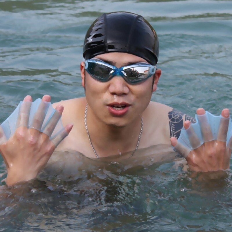Aletas de mano de rana nadadora, fajas de silicona, guantes con correas para los dedos, paleta para principiantes, conjunto de 2 piezas de entrenamiento