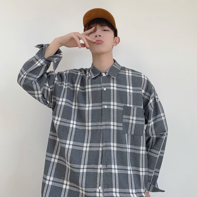 Koreansk stil casual oversize långärmad rutig skjorta i bomull