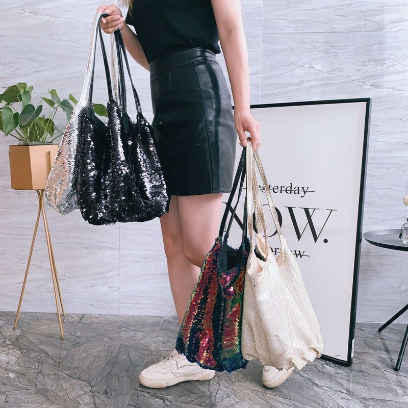 Bag for Women All-Match Big Bag Sequins Tote One Shoulder Bag Handbag Simple Cloth Bag Large Capacity Magnetic Button