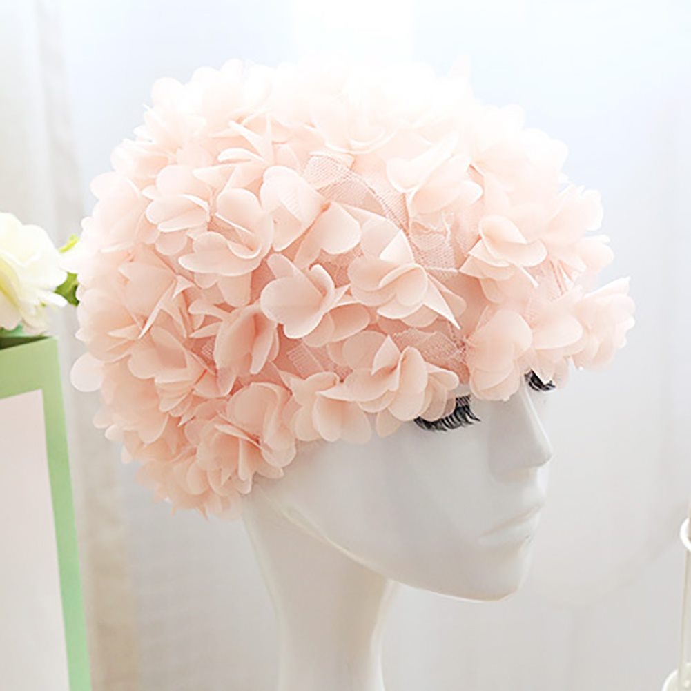 Gorro de natación de flores para mujer, cómodo gorro de piscina transpirable, pétalos tridimensionales elásticos, diadema de pelo largo con forro grande