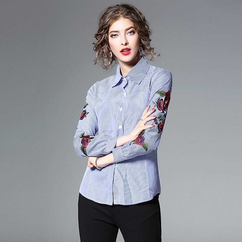 Willstage, blusa con bordado de rosas, camisas con estampados florales y a rayas para mujer, blusa de manga larga, ropa blanca, novedad de otoño , Tops femeninos: Azul / S