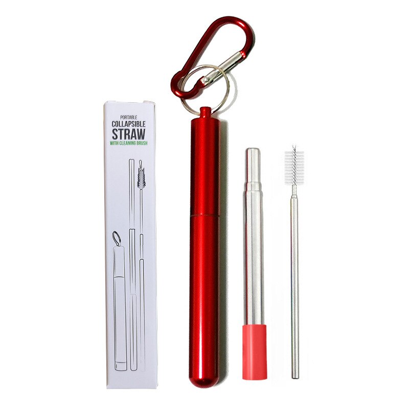 Telescopische Herbruikbare Rietjes Reinigingsborstel Metalen Stro Party Tool Draagbare Rvs Rietje Met Travel Case: red