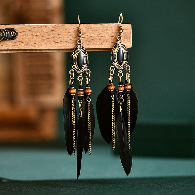 Etnische oorbellen met veren, damessieraden, bohemian zomerse metalen oorbellen met lange kwastjes, indiase sieraden