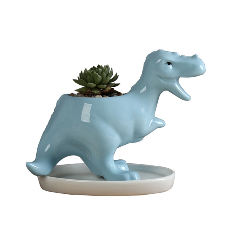 Śliczne dinozaur doniczka na sukulenty garnek z drenażu tacy ceramiczne kaktus pojemnik na kwiaty zwierząt bonsai uchwyt na rośliny doniczkowe: niebieski
