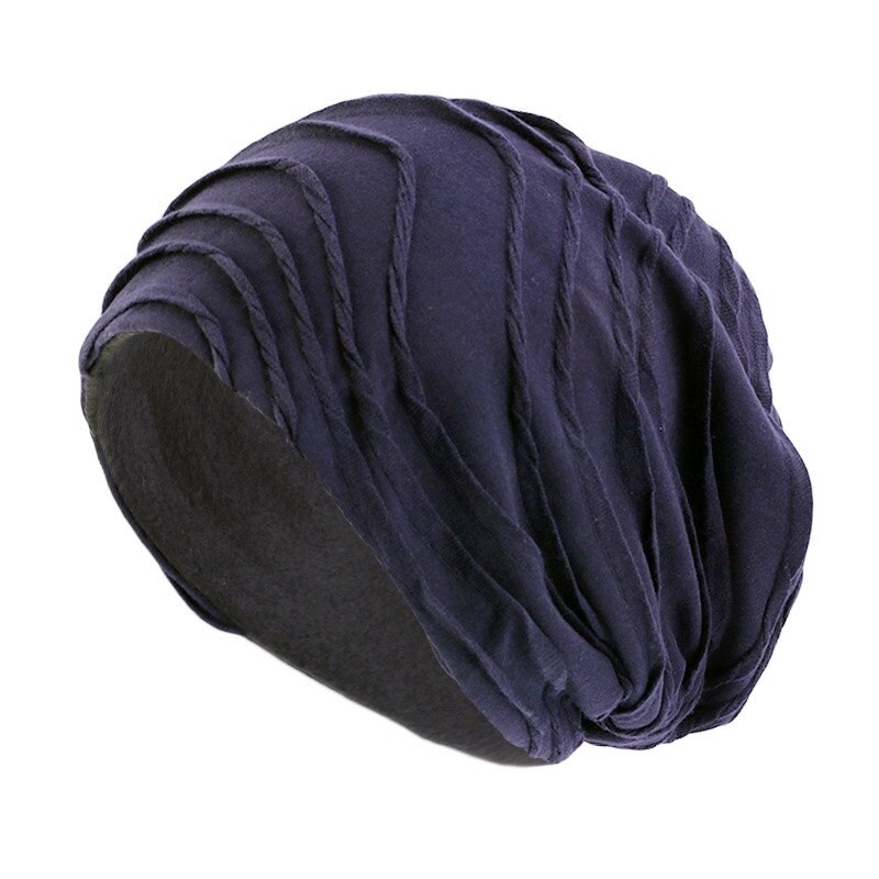 Kvinnor man bomull veck enfärgade mössor chemo keps håravfall stretch turban vinter höst hatt för dam tunn mössa hip hop keps: Marinblå