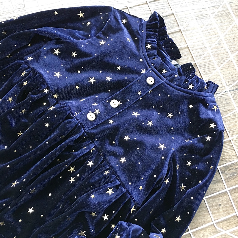 2-8 Years Fancy gold stars blue velvet Dress for Girls Princess bling bling Birthday Party Dresses Kids Dresses for Baby