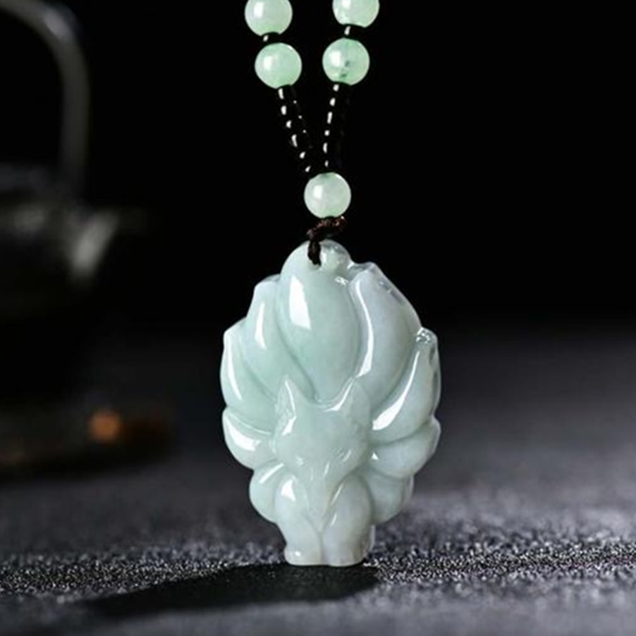 Natuurlijke Emerald Jade Negen Staart Vos Hanger Ketting Sieraden Mode Accessoires Hand-Gesneden Man Vrouw Amulet