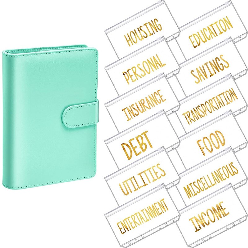 A6 PU Binder Planner Budget Organizer Round Ring Binder Cover Magnetic Personal Planner Binder with 12 Binder Pocket: green