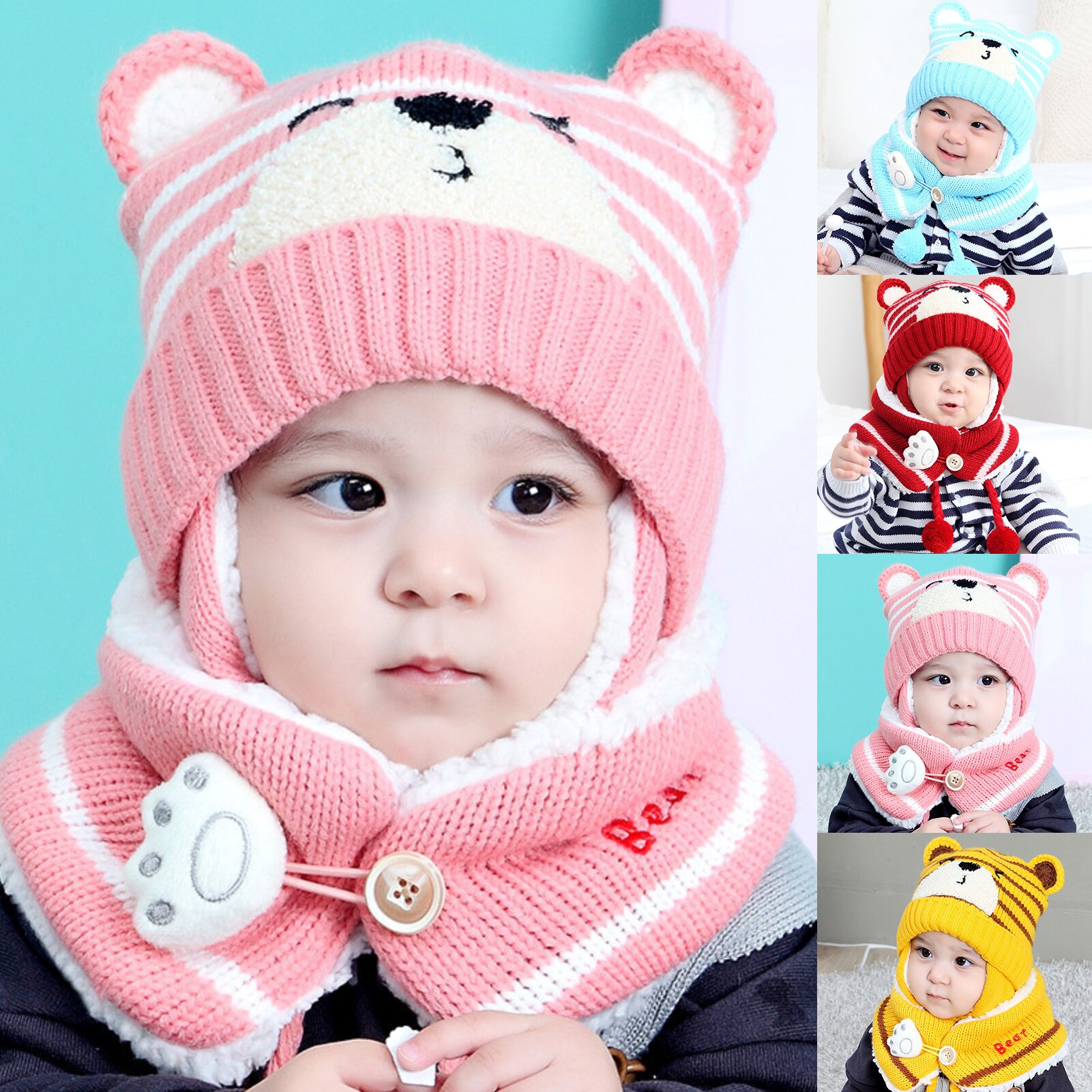 6M-34M Unisex invierno niños bebé niñas dibujo animado de oso para niños sombrero de punto a rayas gorro lana bufanda orejera mantener el conjunto para al aire libre