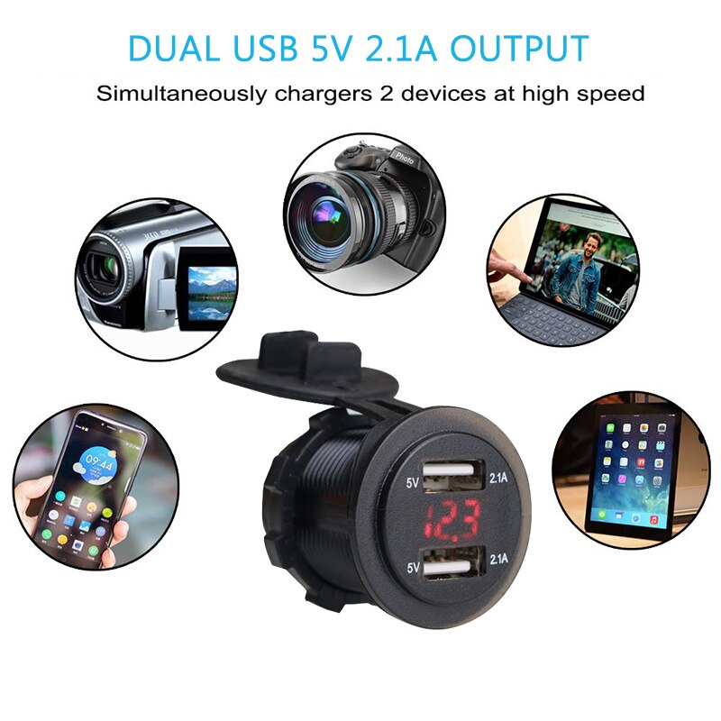1Pc Car Charger, dual Usb Car Charger Adapter Stopcontact 12V-24V Led Voltmeter Voor Auto Boot Marine Motorfiets Mobiele telefoon
