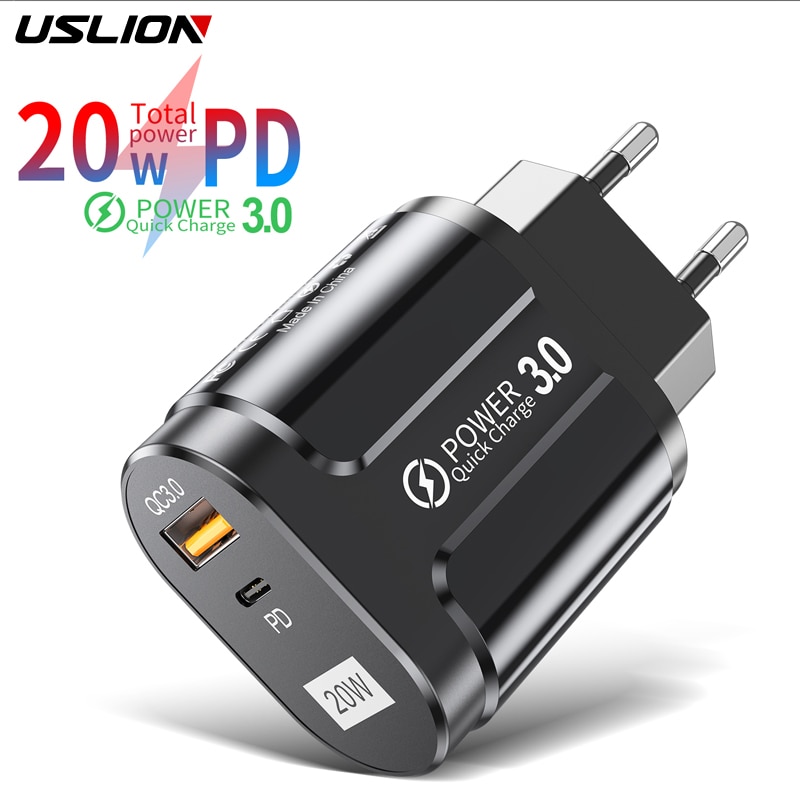 USLION 20W USB PD caricabatterie rapido QC3.0 USB ricarica rapida per iPhone Xiaomi Samsung il telefono adattatore di ricarica USB mobile spina ue usa