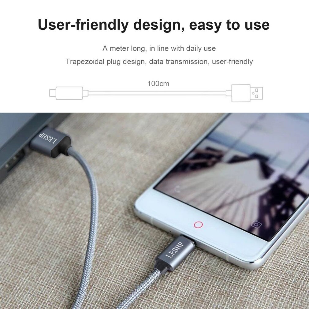 LESHP Metal Shell Nylon Braided Lightweight Durable Safe Large Current USB3.0A to USB Type-C Charging Data Charger 1M Cable