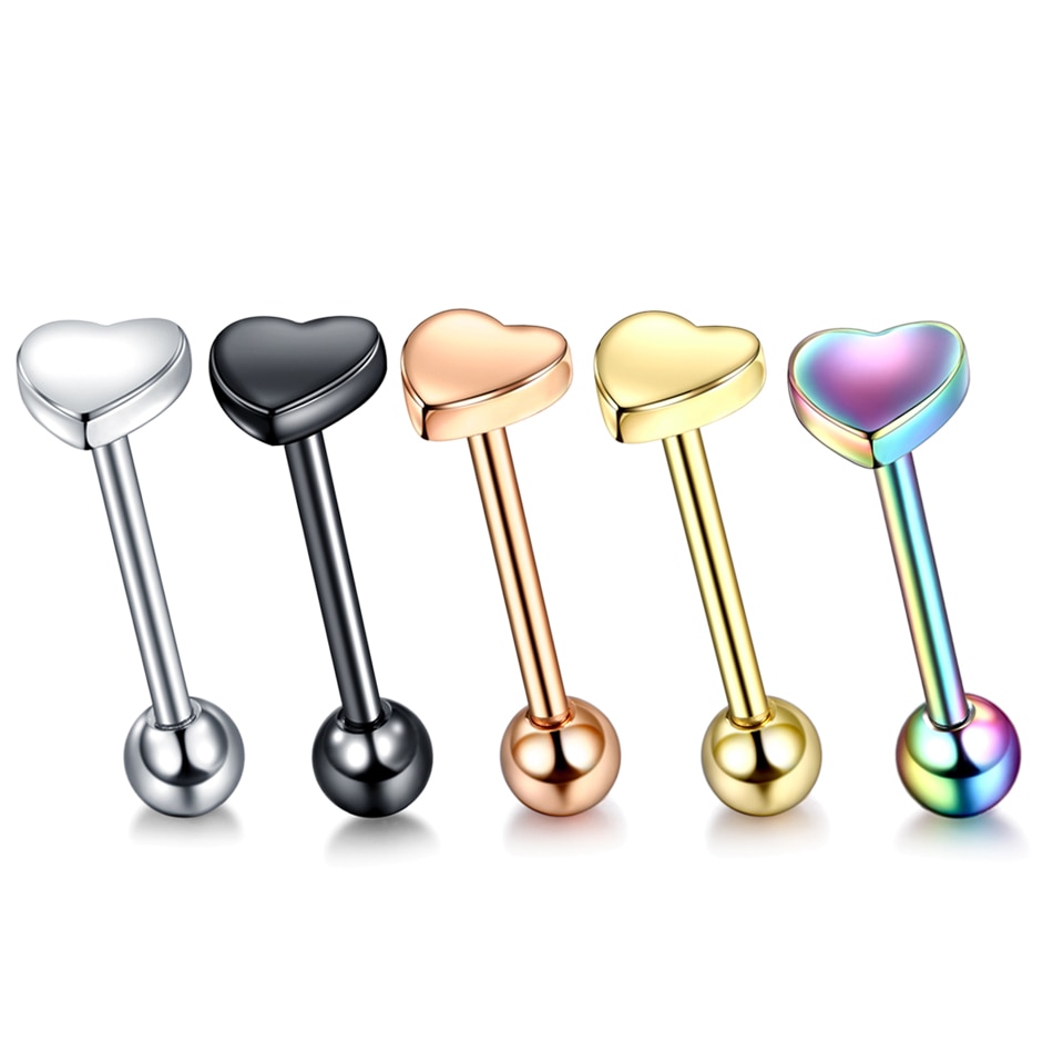 1Pc Hart Vormige Rvs Tong Barbell Piercing Tong Draad Studs Voor Unisex 14G Labret Lip Piercing Body sieraden