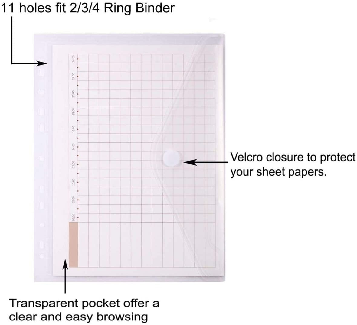 Enveloppe plastique pour dossiers, 11 trous, format A4, pochette, insertion de Pages pour classeurs, avec fermeture Velcro robuste, couleurs assorties,