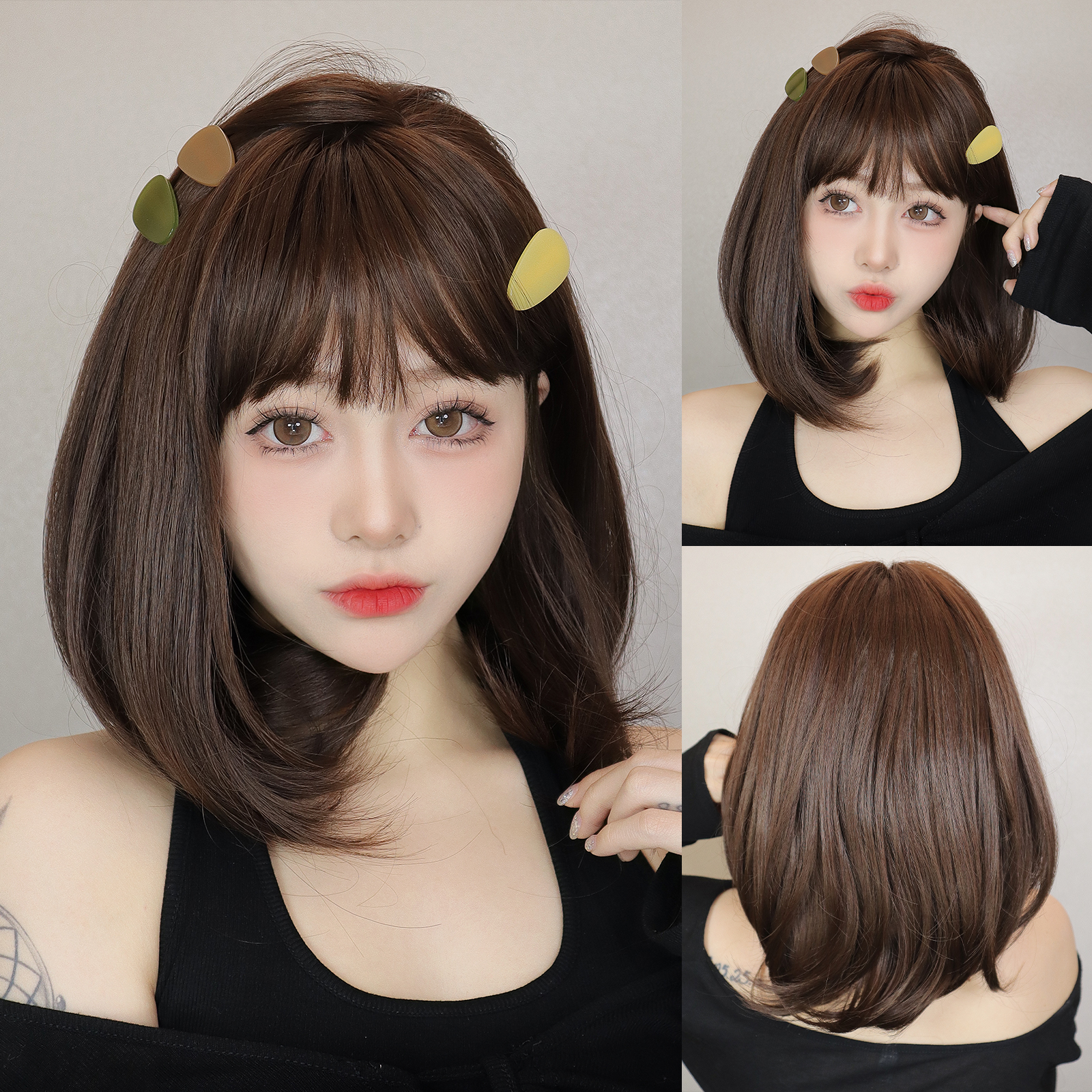 Korte Bob Synthetische Pruiken Zwart Bruin Steil Haar Pruik met Pony Natuurlijke Synthetische Haar Pruik Voor vrouwen Dagelijks Feest Cosplay Gebruik: T1B/613