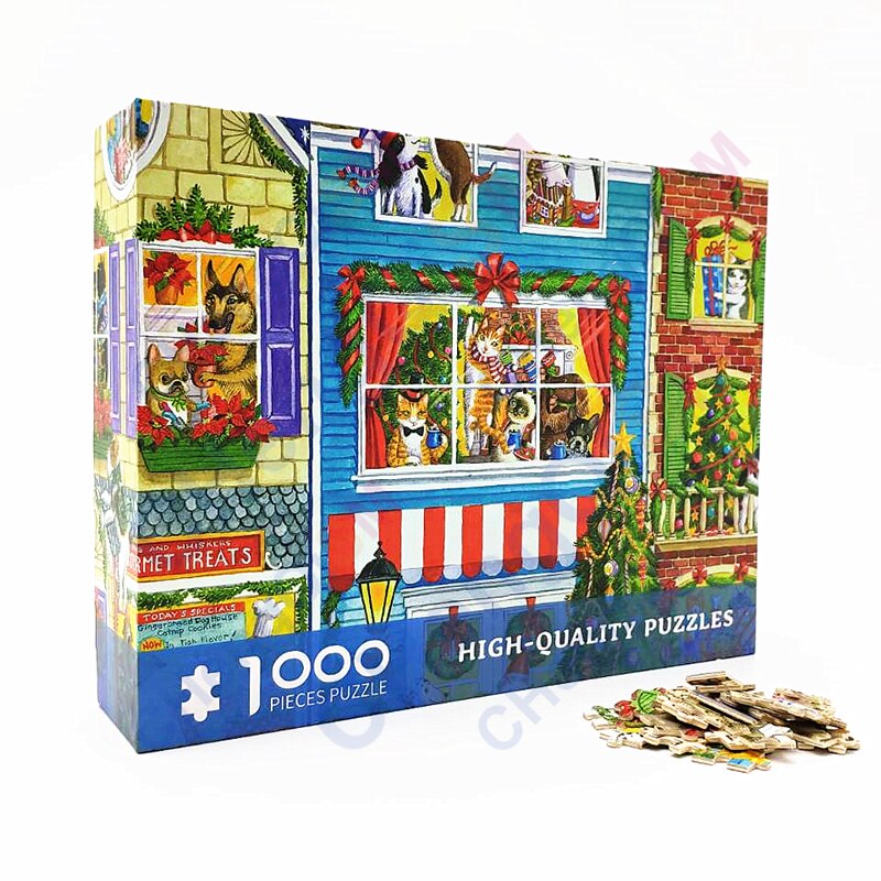 Christmas Pet Street Wooden Jigsaw Puzzle 1000 Pieces Manual Educational Toy for Children/Kids Small Crafts(52x38cm)