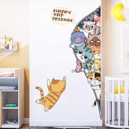 Happy Cat Friends Kids Room Wall Sticker DIY Cartoon Animal Door Stickers Nursery Wall Decals Mural Wallpaper
