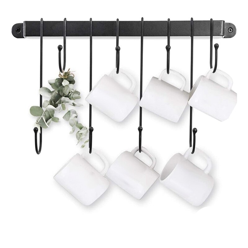 Coffee Mug Rack,Wall Mounted Coffee Cup Holder with Flexible Hooks,for Mugs,Teacups,Kitchen Utensils(16 Inch/Black)