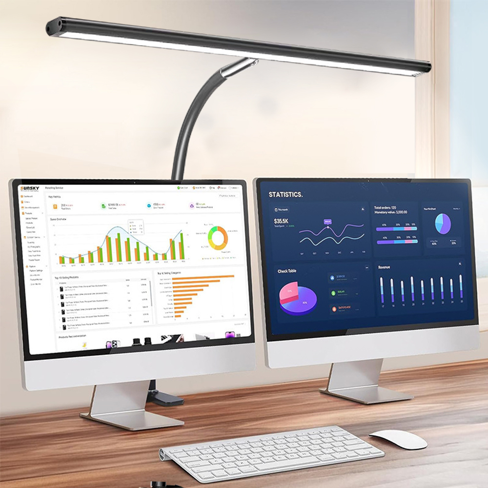 Home Office LED-bureaulamp Dubbele kop Steoless dimmen Oogverzorgende leeslampen 3-kleurmodus Flexibele verstelbare pc-tafellampen: Blauw