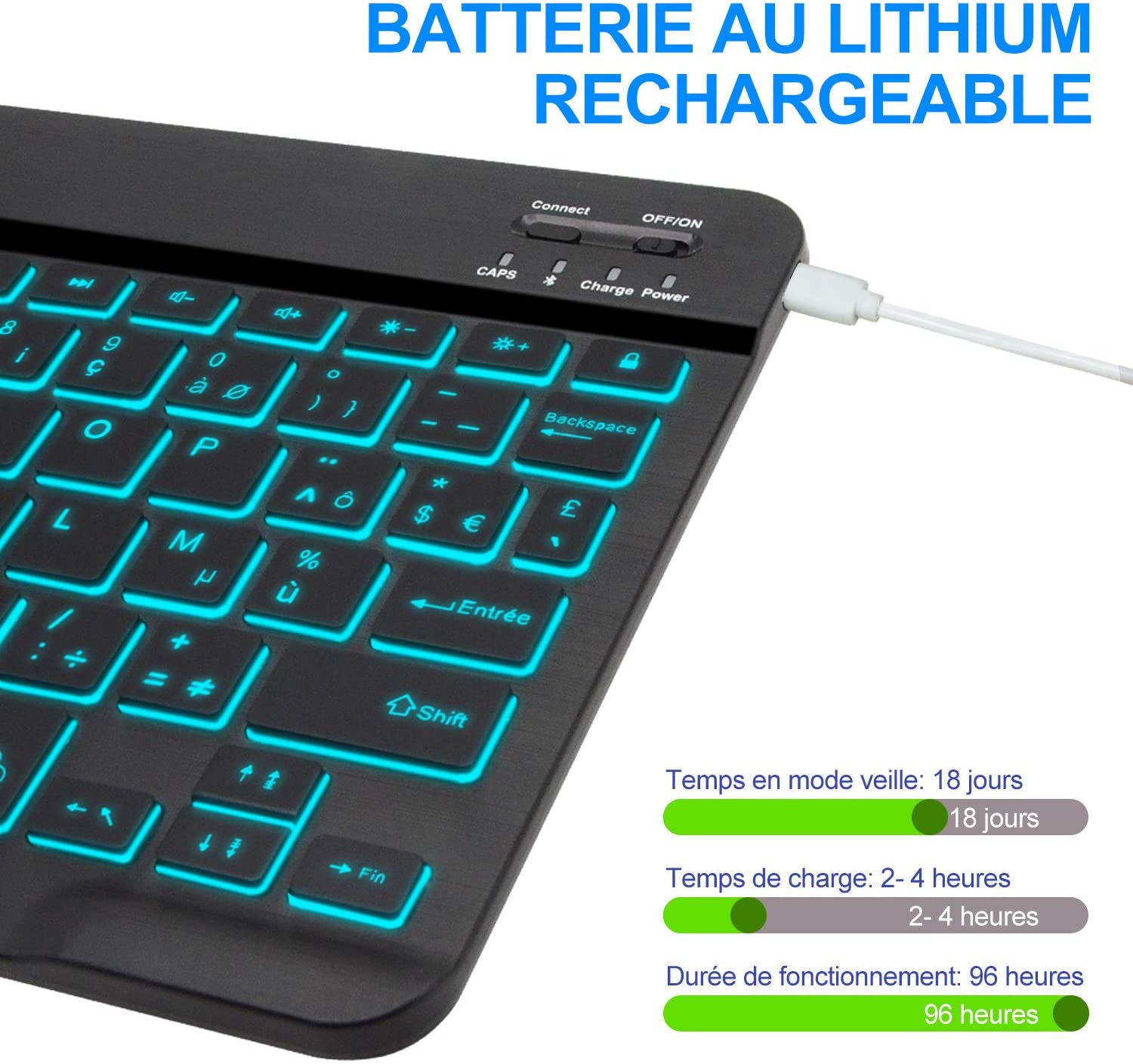 Zienstar 10inch Azerty French Rechargeable Aluminum Wireless Bluetooth Keyboard with 7 Color Backlight Lithium Battery