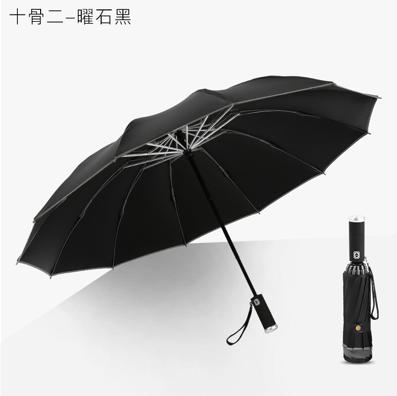 Women's Umbrella Automatic Windproof Fold Inverted Umbrella LED Flashlight 10/12K Reverse Reflective Stripe Rain Sun Umbrella: 12k black
