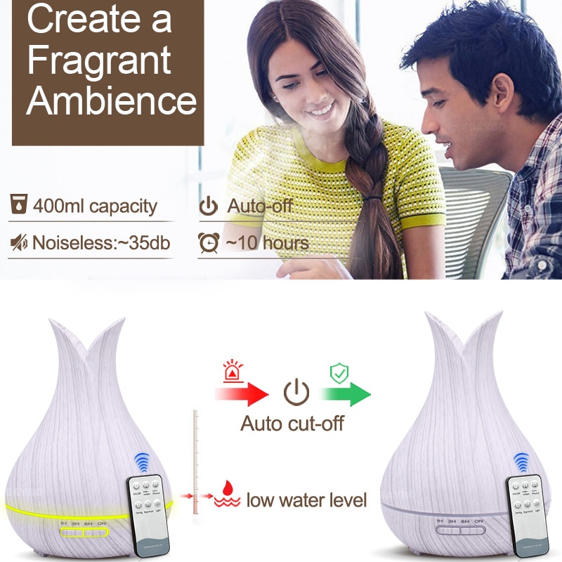 Humidificateur d'air ultrasonique, diffuseur d'huile essentielle et d'arôme avec Grain de bois, 7 lumières, pour le bureau et la maison, 400 et LED à couleur changeante ml