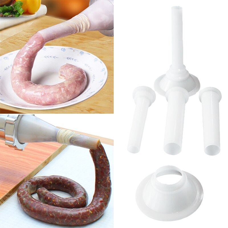 3+1 stk/parti kjøttkvern pølsestopper fyllrør trakter dyser til pølsemaker pølserørskall med 7.5cm 5.7cm bunner