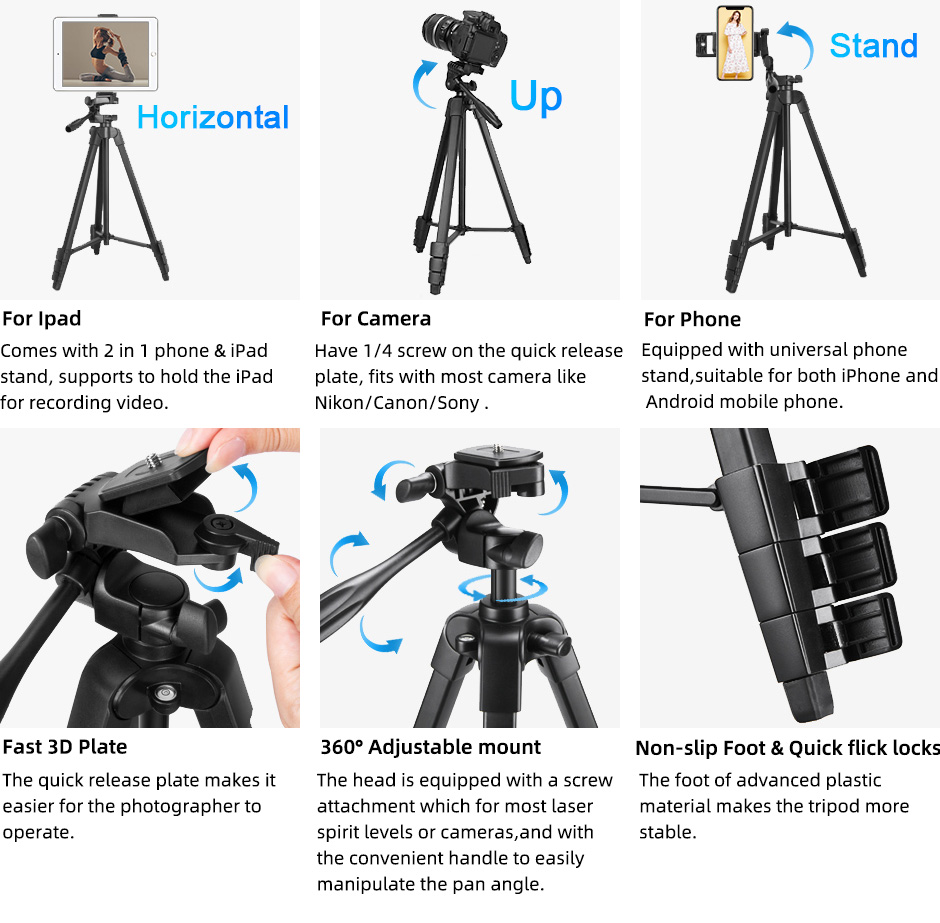 Tripod for Phone Lightweight Smartphone Camera Tripods with Phone Holder Bluetooth Photography Tripod for Canon Sony DSLR