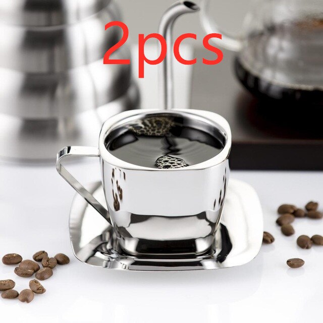 Topklasse dobbeltdæk rustfrit stål espresso kaffekop underkop sæt håndtag dobbeltlag tekopper firkantet metal xicara copo taza lys: 240ml