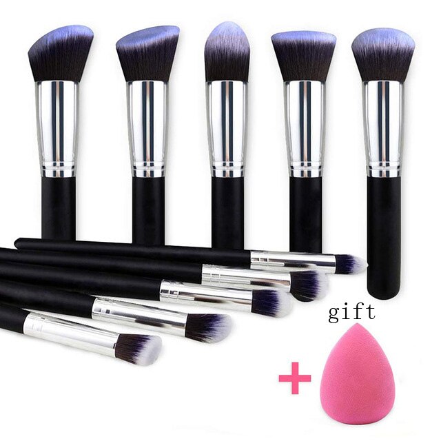 Conjunto de brochas de maquillaje 10 Uds., brochas profesionales para base en polvo, sombra de ojos, cosmética, pelo sintético suave: Black Silver