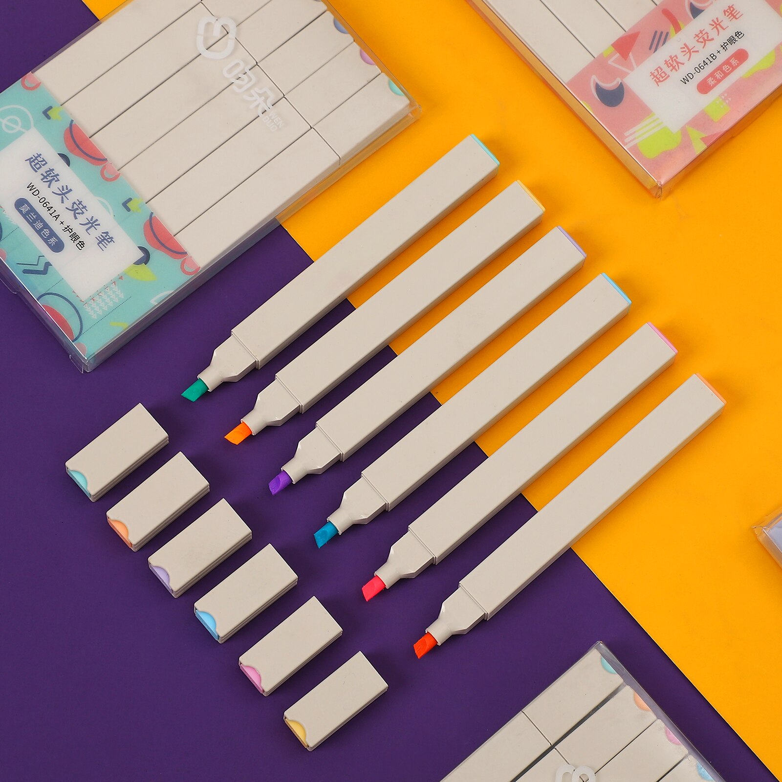 Resaltadores de punta suave Multicolor, marcador de diario Kawaii Simple, pintura linda, pluma fluorescente, papelería, 6 unids/set por juego