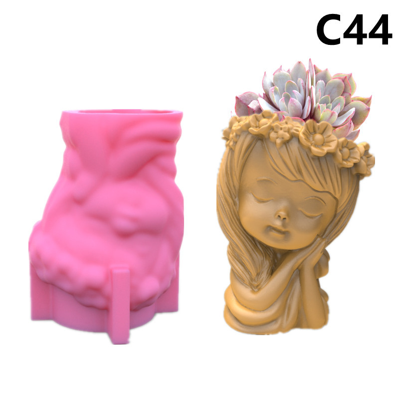 Sweet Girls Clay Flowerpot Silicone Mold Art Sculpture Flower Pot Concrete Cement Resin Molds Pen Storage Box Making Mould: C44