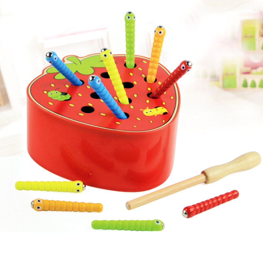 Atrapamoscas magnético de madera con forma de fruta, juego de gusanos de colores, juguete interactivo para niños,