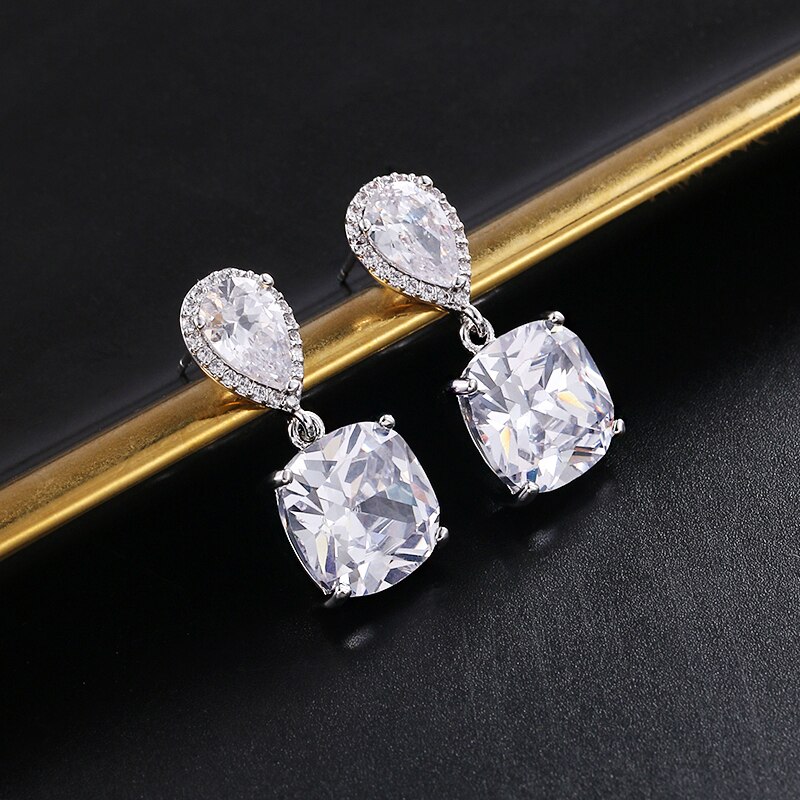 Weimanjingdian Sparkly Kussen Cut Zirconia Hanger En Oorbellen Sieraden Set Voor Bruid Of Bruidsmeisje