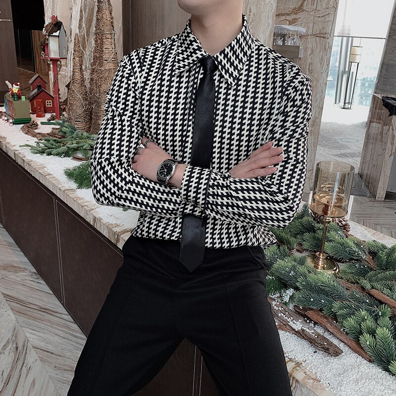 Spring Plaid Shirts Men Long Sleeve Casual Shirt Slim Fit Formal Dress Shirts Streetwear Social Party Blouse Chemise Homme