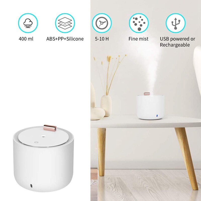 Draagbare luchtbevochtiger, met 7 led-lampjes, , 400 ml kleine capaciteit opladen en persoonlijke luchtbevochtiger, geschikt voor slaapkamer, kantoor, ca