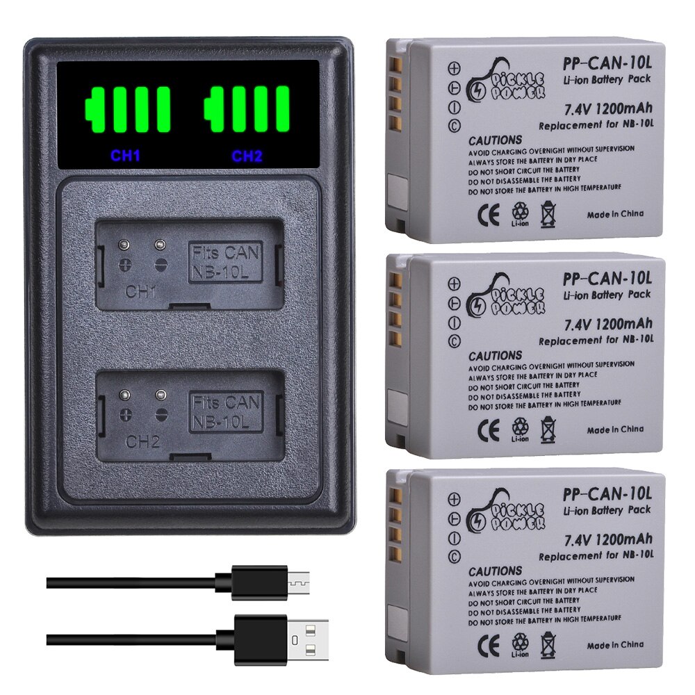 Nb -10l batteri 1200 mah  nb10l nb 10l batterioplader til canon 1100d g1x g15 g16 powershot  sx40hs sx50hs sx60hs sx40 sx50 sx60 hs: Oplader og 3 batterier