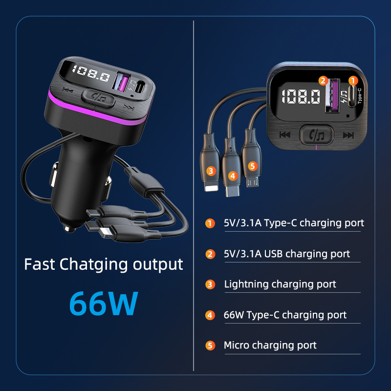 Transmetteur FM Bluetooth, lecteur MP3, Kit mains libres pour voiture, chargeur double USB type-c 66W, adaptateur d'alimentation pour autoradio, accessoires de voiture