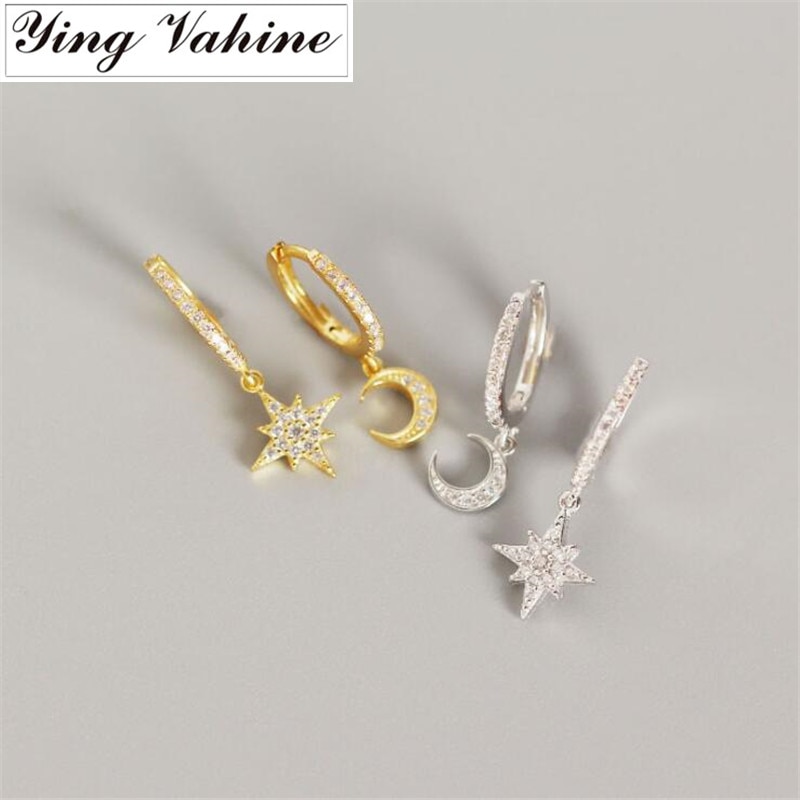 Ying Vahine 100% Plata de Ley 925, Pendientes colgantes asimétricos de luna y estrella para mujer