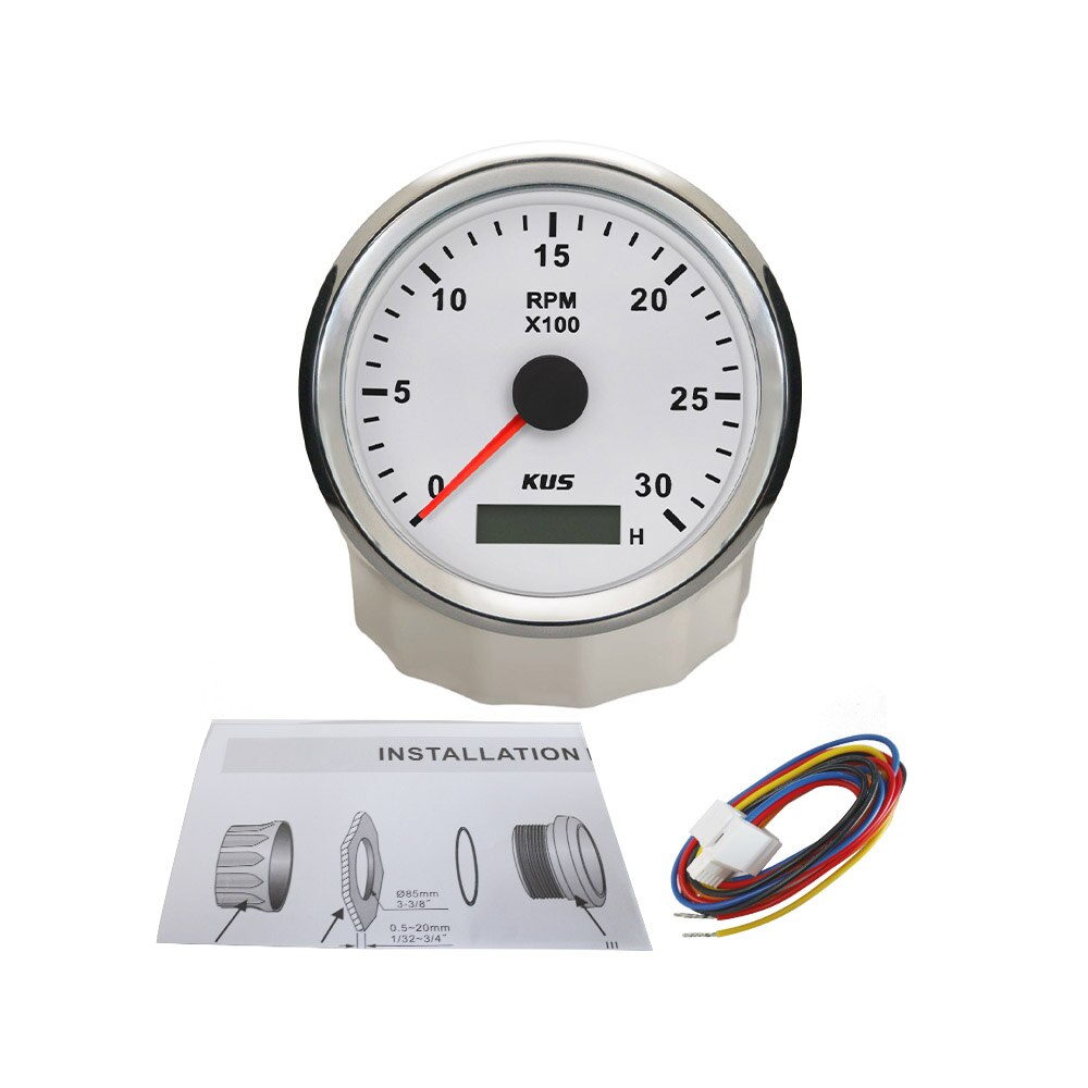 KUS Universal Tachometer RPM Gauge with Hour Meter 3000RPM 4000RPM 6000RPM 8000RPM with Red Yellow Backlight 9-32V 85mm