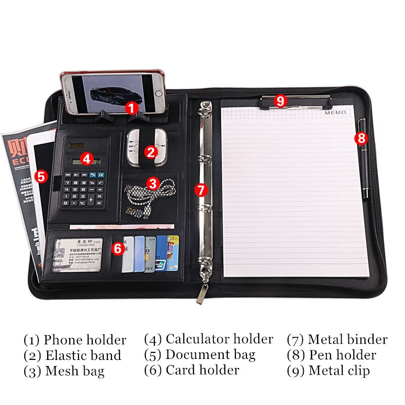 A4 pärm dokument mapp ring skåp fall manager padfolio företag organisatör hållare blixtlås kontor hand portfölj väska